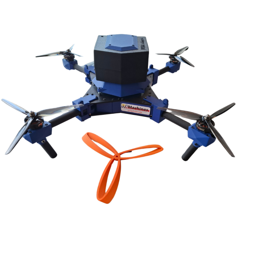 UXMachines Rhea quadcopter with blue and black components, alongside an orange three-bladed propeller design.