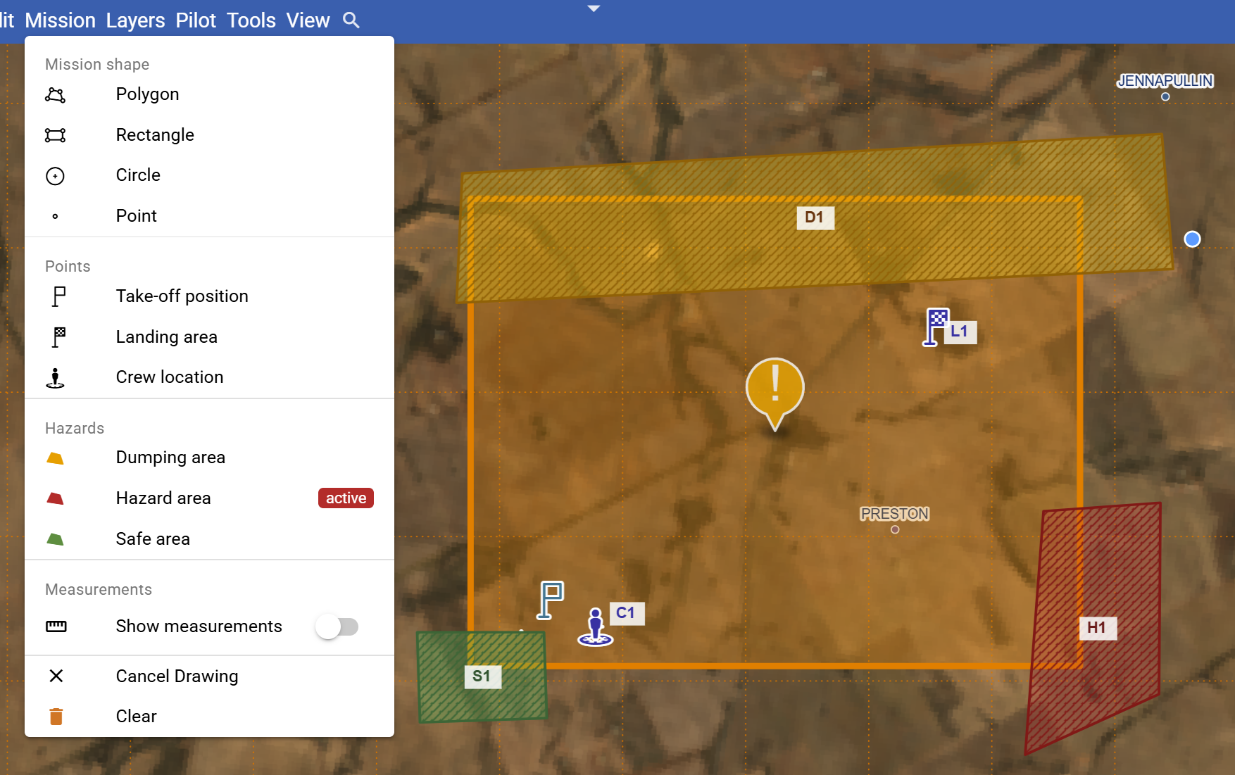 Mission planning with hazard, crew and safe-area markers